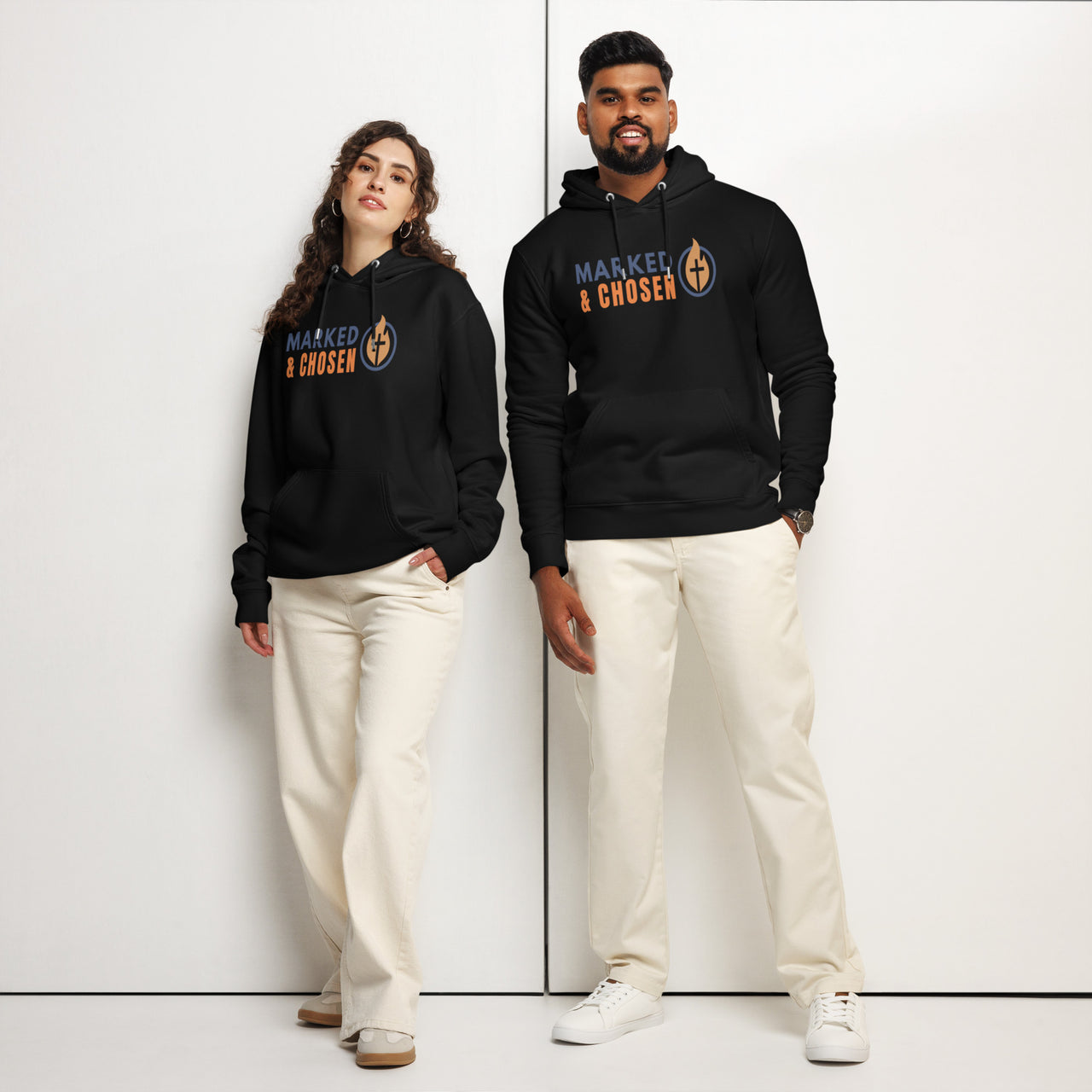 Marked & Chosen black Christian hoodie front with male and female – organic cotton faith apparel with bold logo and scripture