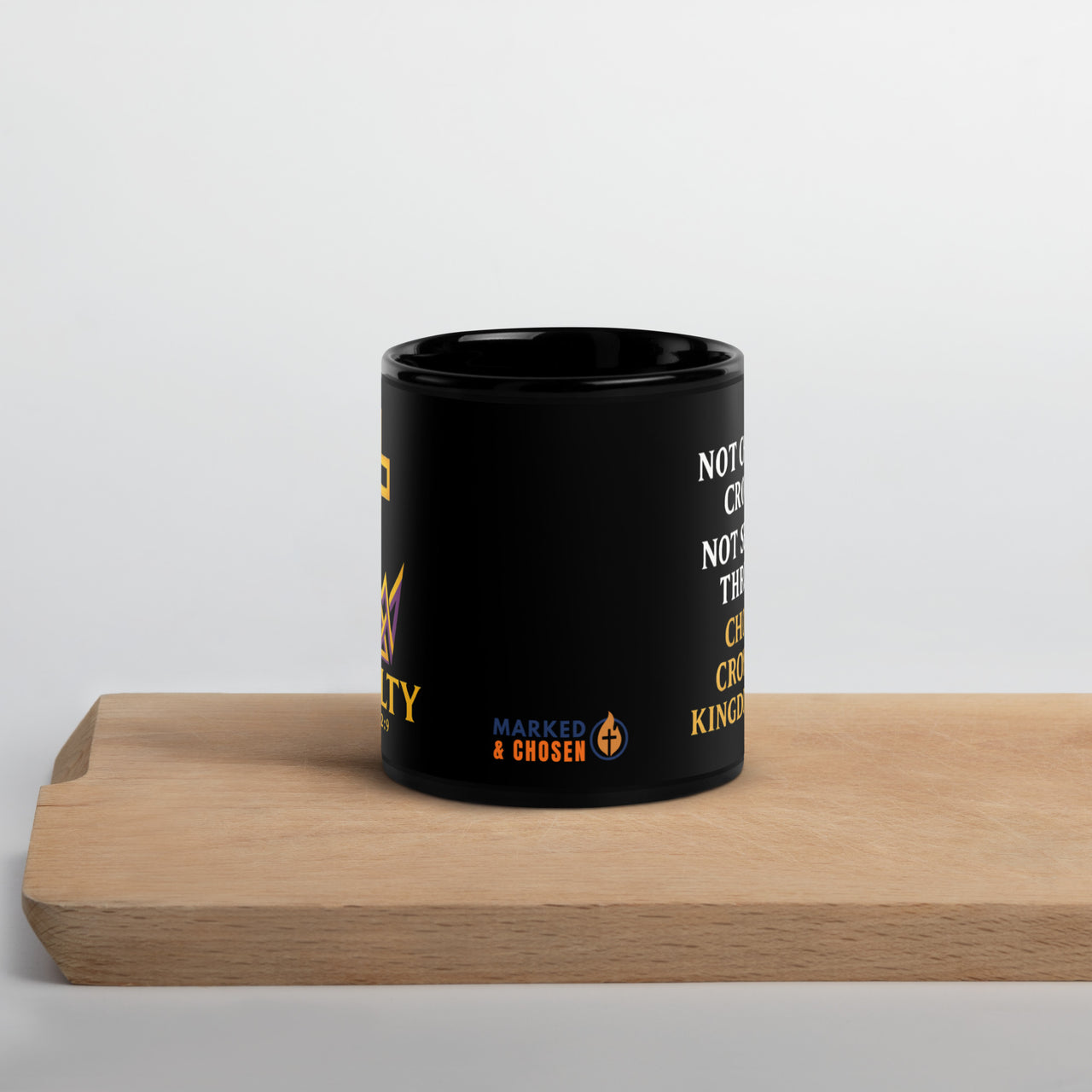 11oz Royalty Christian mug – Marked & Chosen logo centered on bottom shelf-facing view