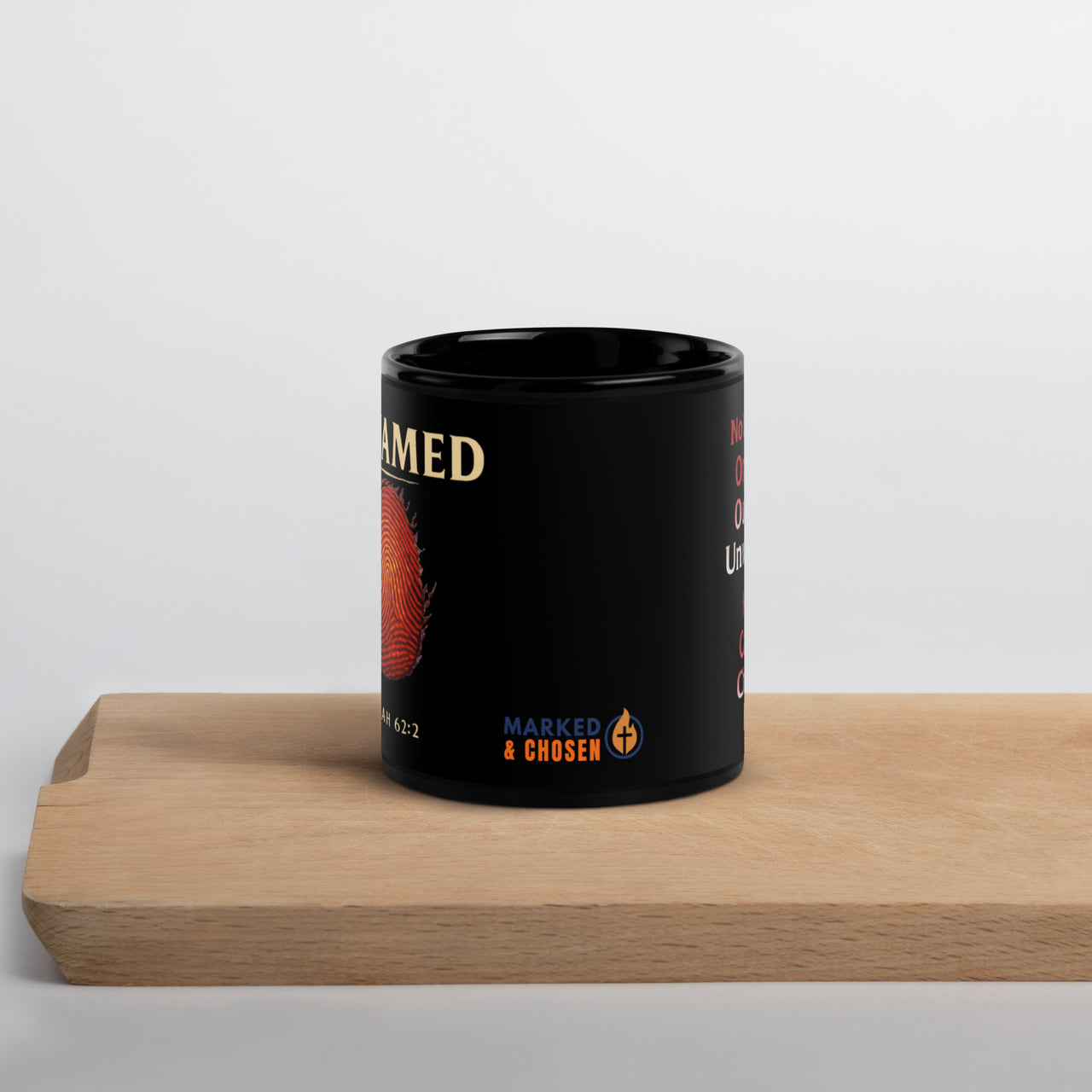 Renamed Black Glossy Mug 11oz close-up of Marked & Chosen logo at center bottom of mug