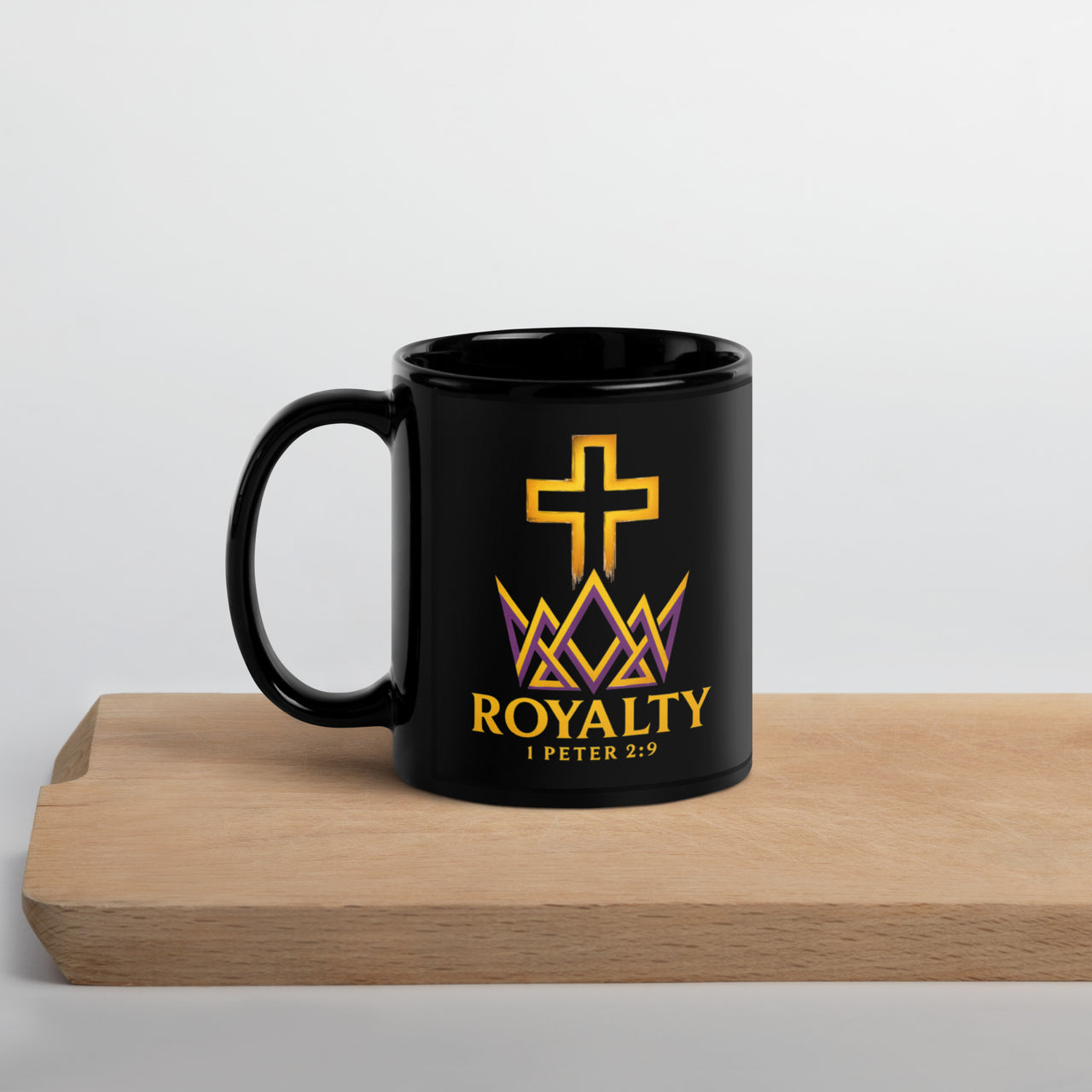 11oz black Christian mug – royal purple and gold crown design printed on right side