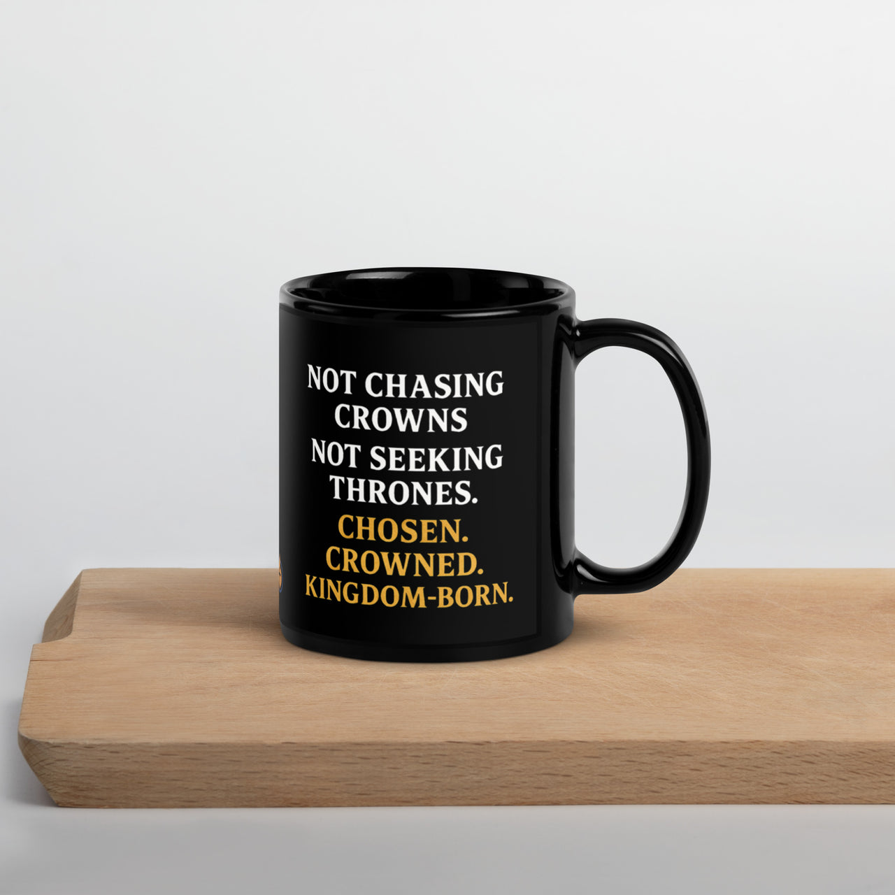 11oz black Christian mug – royal purple and gold crown design printed on right side