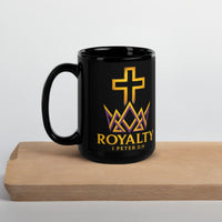 15oz black Christian mug – royal priesthood crown design in purple and gold printed on right side