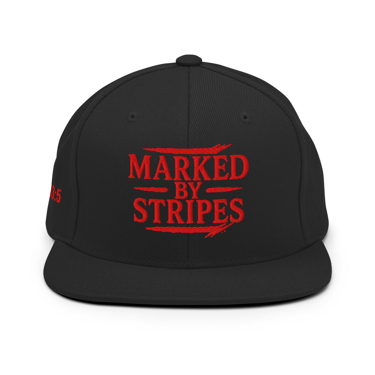 Black Christian snapback – red Marked by Stripes embroidery on structured front panel