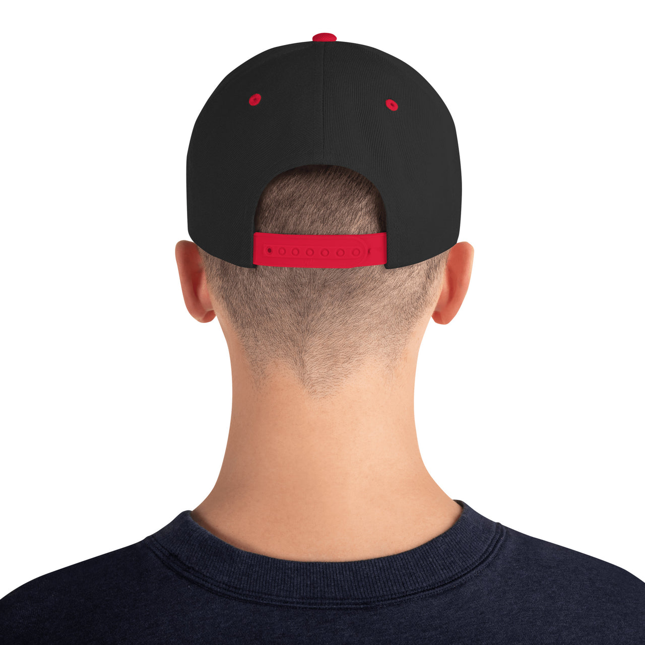 Male model showing black and red snapback – mesh back with red accents and gospel fit