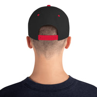 Male model showing black and red snapback – mesh back with red accents and gospel fit