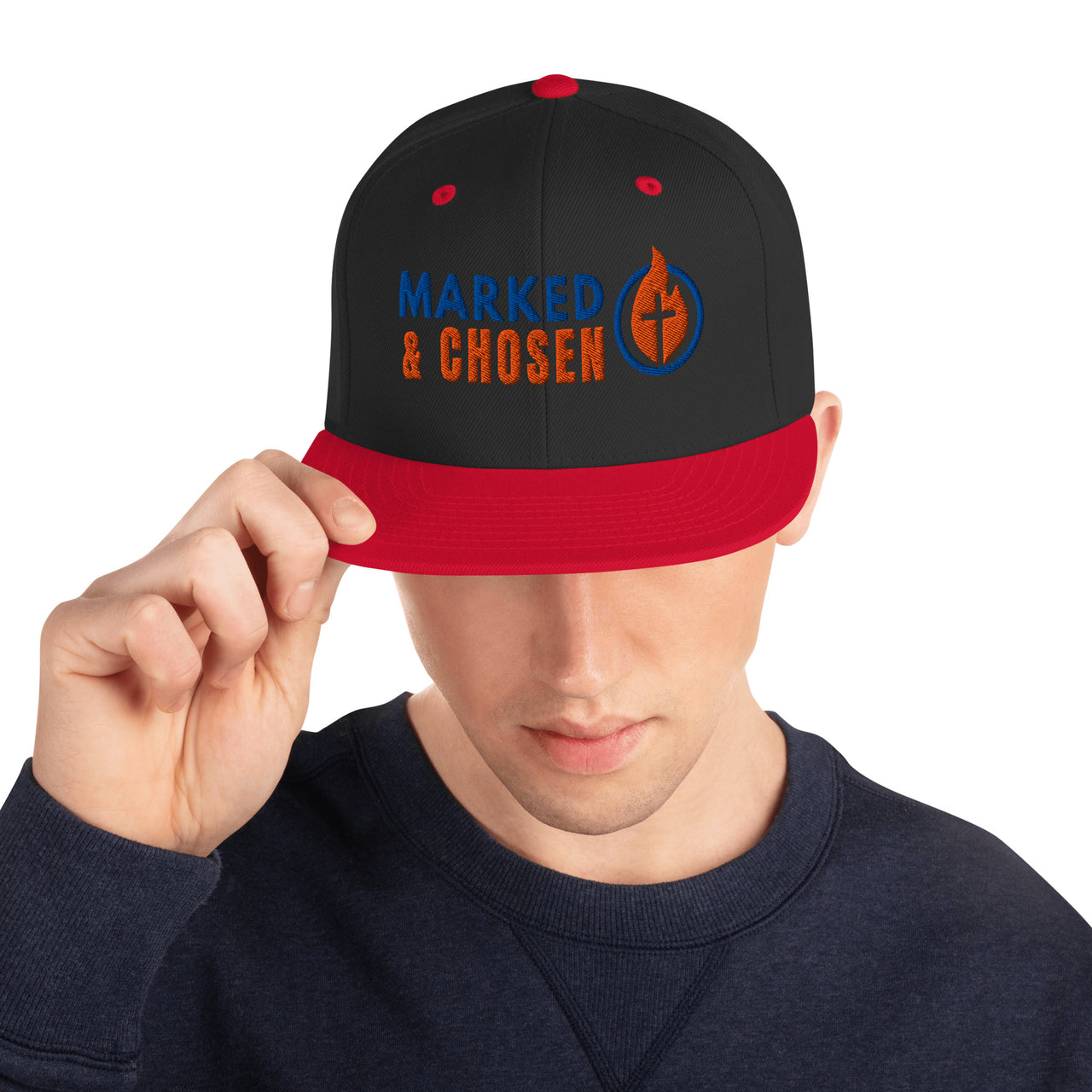 Man wearing black and red Christian snapback – bold Marked & Chosen embroidery and streetwear fit