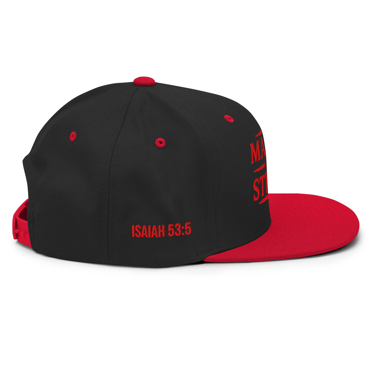 Black and Red Faith Hat - Right side of the hat features Isaiah 53:5 embroidered in red