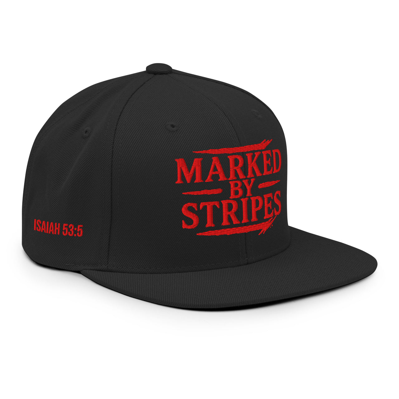 Black gospel flat bill snapback – front-right angle with red embroidered message of healing