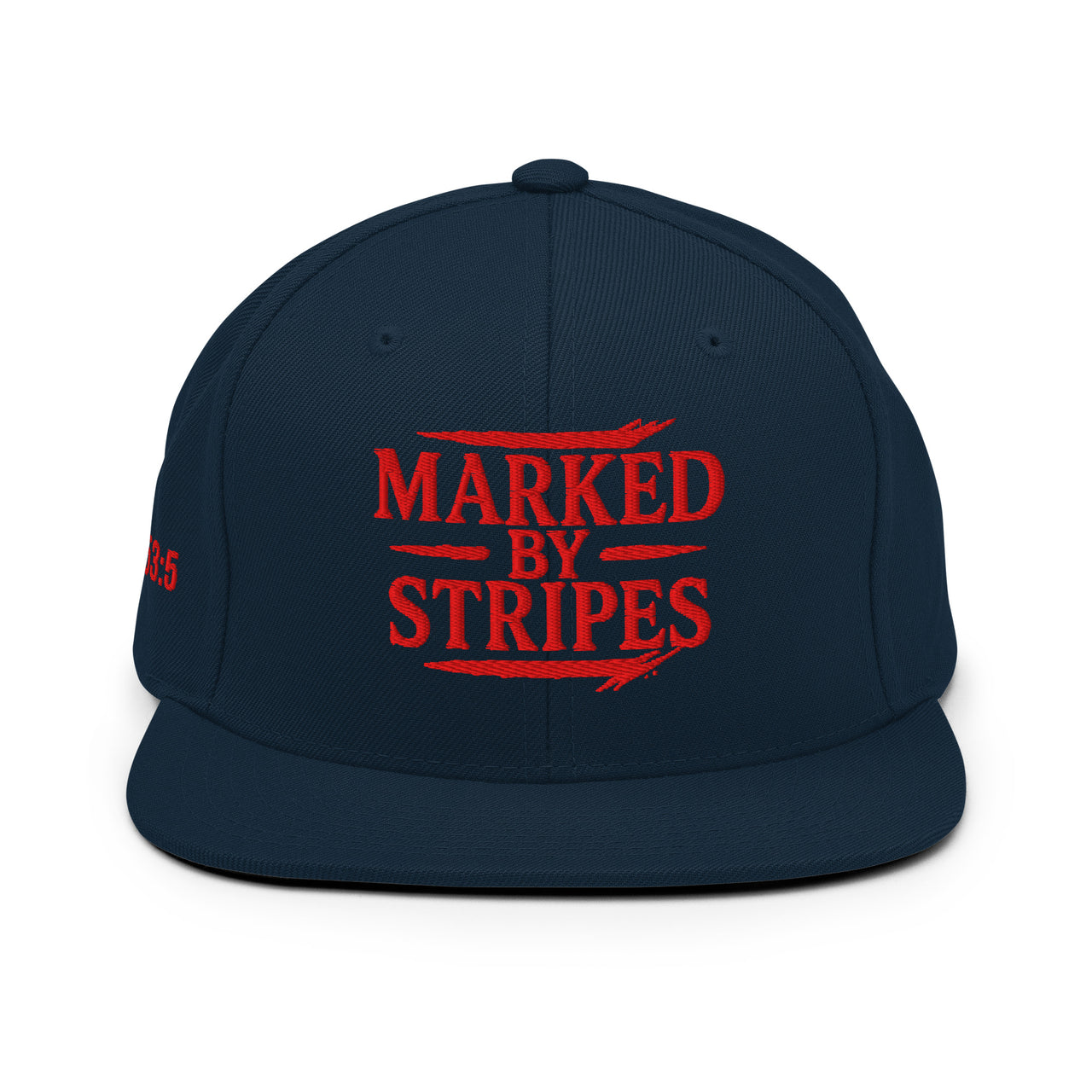 Marked by Stripes navy snapback – red embroidered Christian logo with flat bill
