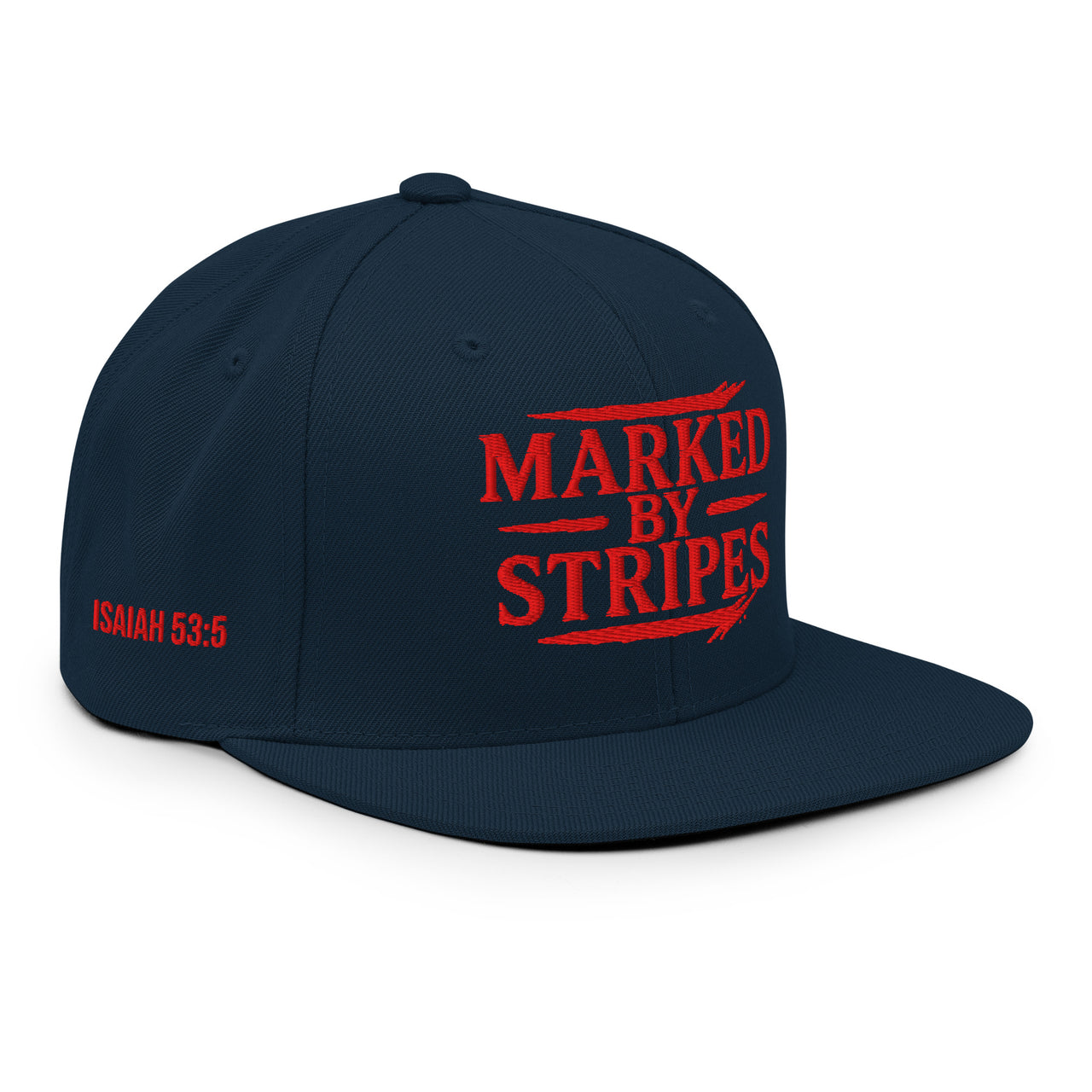 Navy Christian flat bill hat – bold red gospel embroidery viewed from right front angle