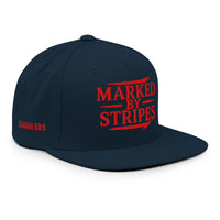Navy Christian flat bill hat – bold red gospel embroidery viewed from right front angle
