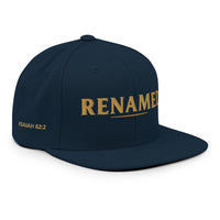 Renamed Classic Snapback Dark Navy flat mockup, right front embroidery in Old Gold