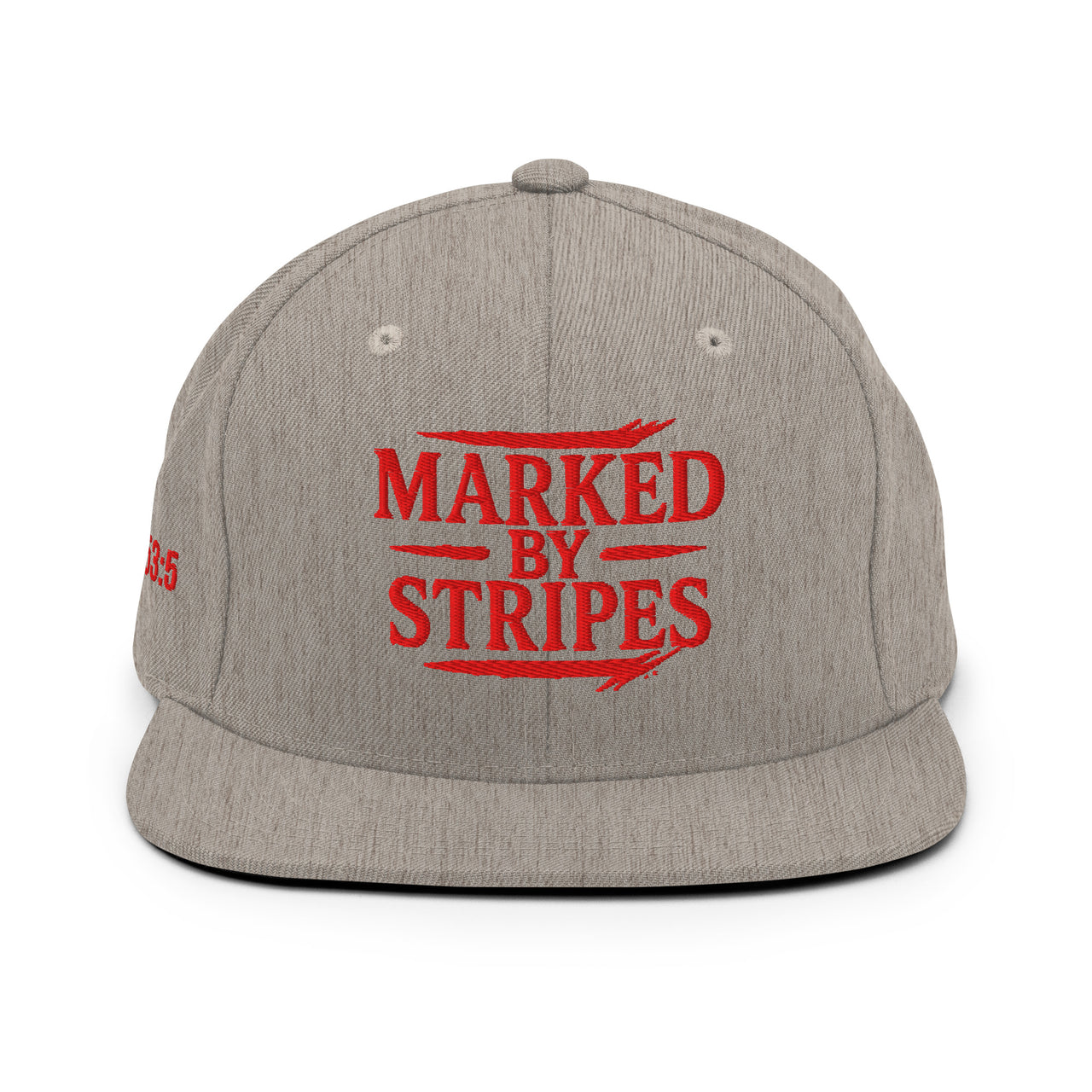 Heather grey Christian flat bill cap – red embroidered gospel front logo