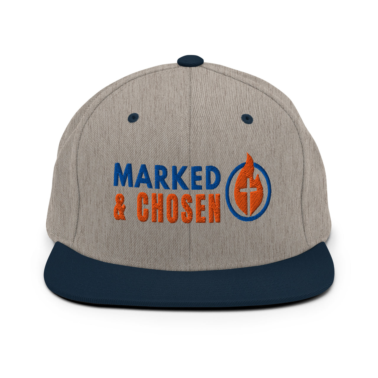 Heather grey and navy Christian snapback – bold Marked & Chosen embroidery with contrast brim