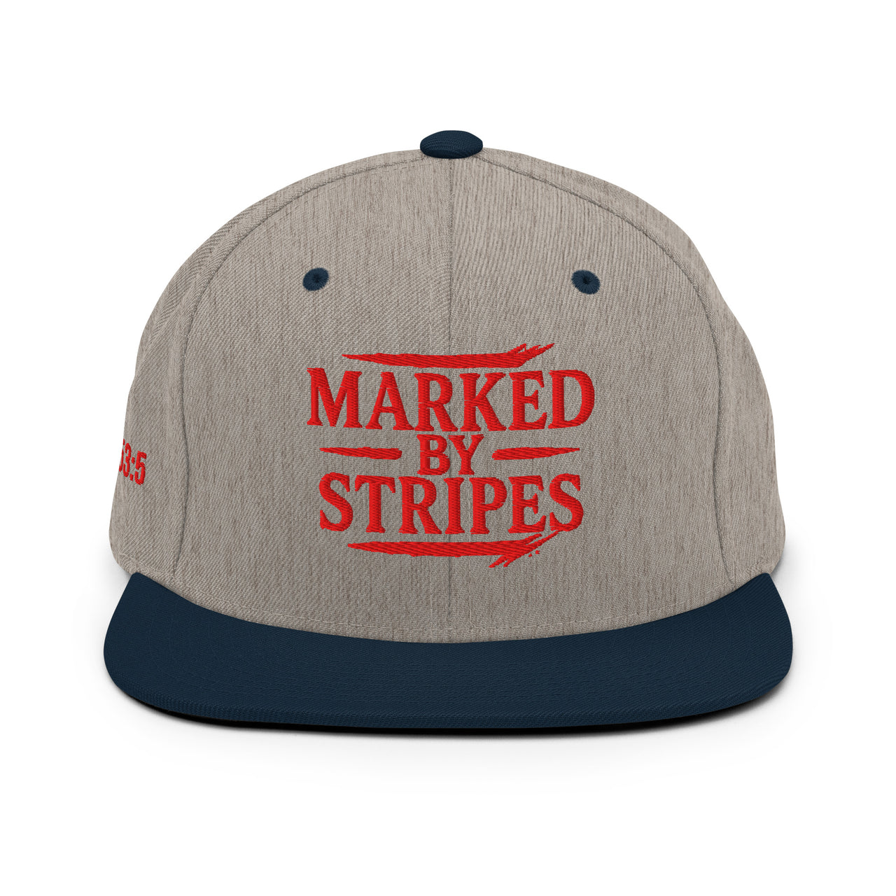 Heather grey and navy Christian snapback – red embroidered gospel message with contrast brim