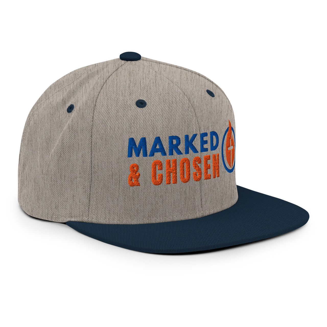 Heather grey and navy snapback – right front Christian cap with contrast brim and gospel logo