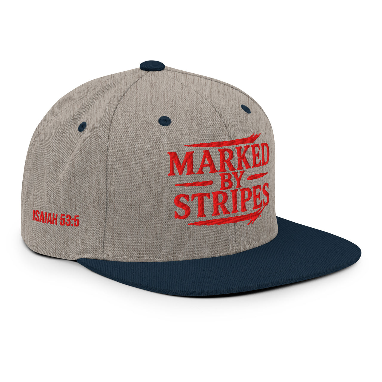 Heather grey/navy snapback – red front embroidery shown from front-right angle