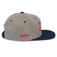 Heather grey and navy Christian snapback – with side Embroidered in Red Isaiah 53:5