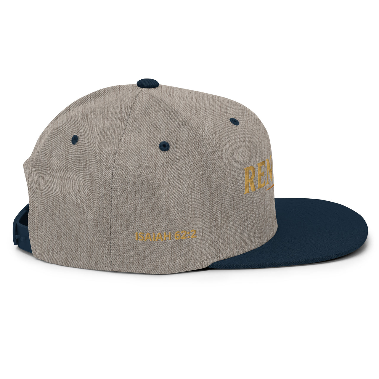 Renamed Classic Snapback Heather Grey/Navy flat mockup, right side embroidery “ISAIAH 62:2”