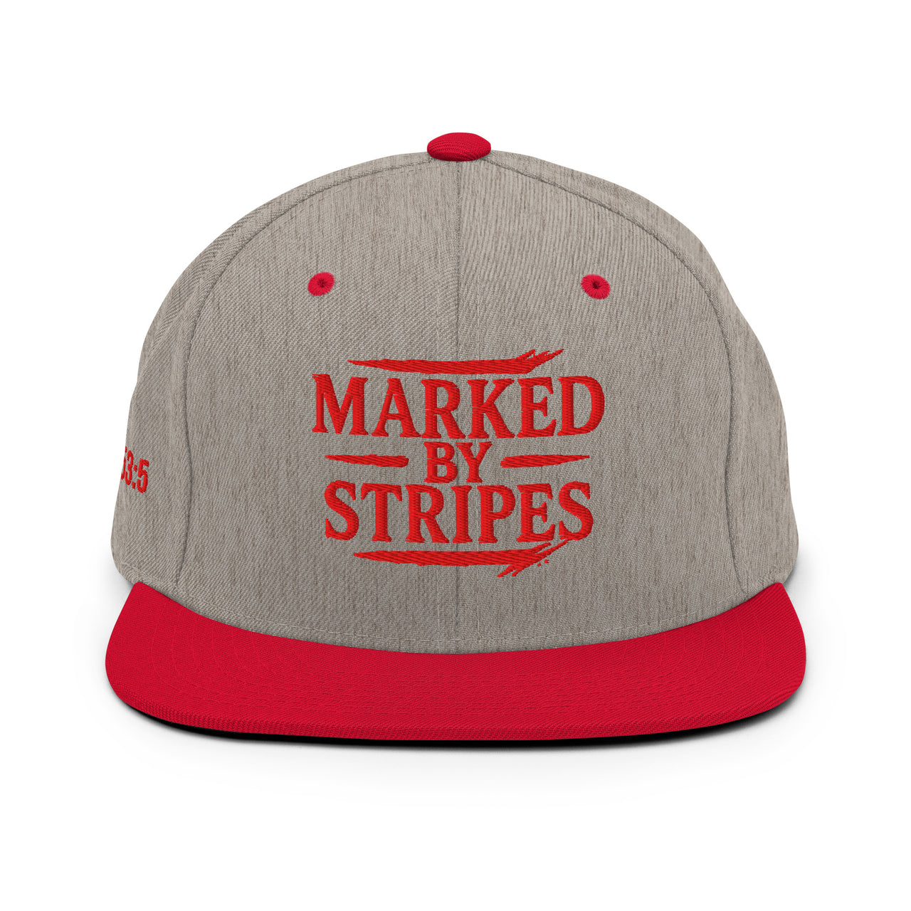 Heather grey and red Christian snapback – red bill and matching red embroidered front logo
