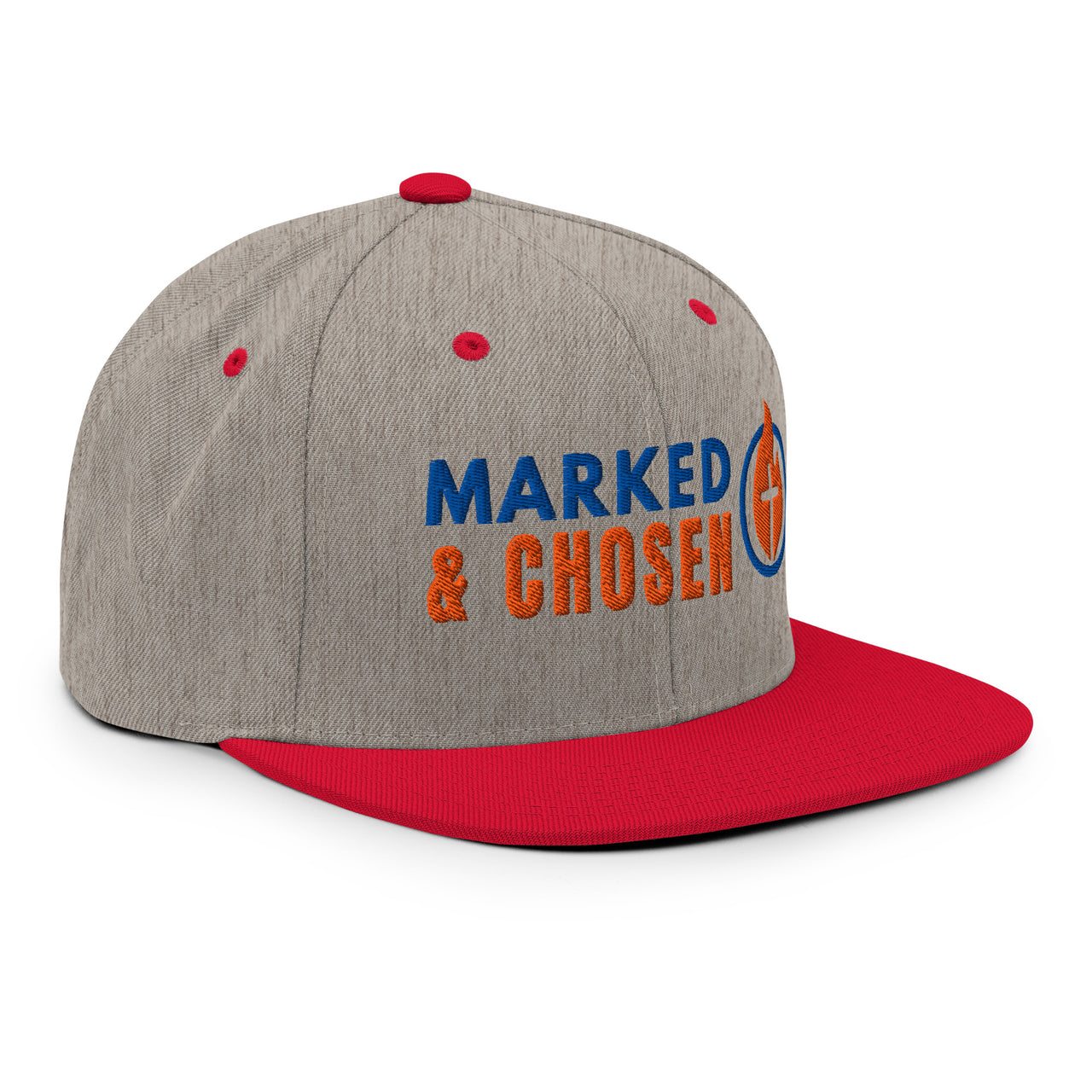 Heather grey and red snapback – right front angle of faith-based hat with red accents and embroidery