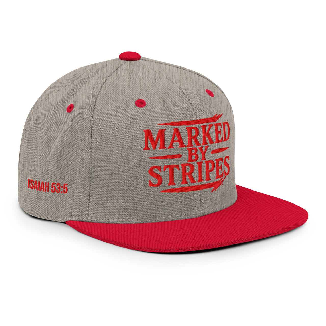 Heather grey/red flat bill hat – front-right angle showing Marked by Stripes embroidery
