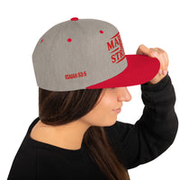 Woman wearing heather grey and red gospel snapback – right side view with bold Christian embroidery of Isaiah 53:5