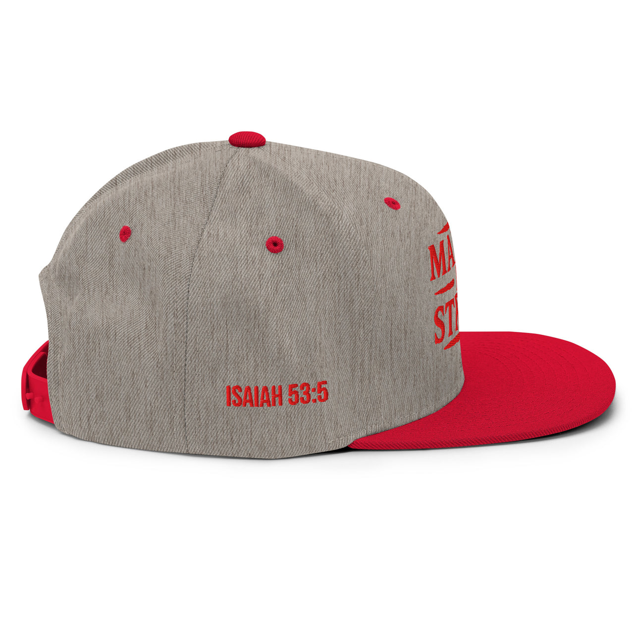 Heather grey and red Christian snapback – red bill and matching red embroidered Isaiah 53:5 on the right side of the hat
