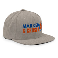 Marked & Chosen heather grey snapback – right front Christian mockup showing textured fabric and logo