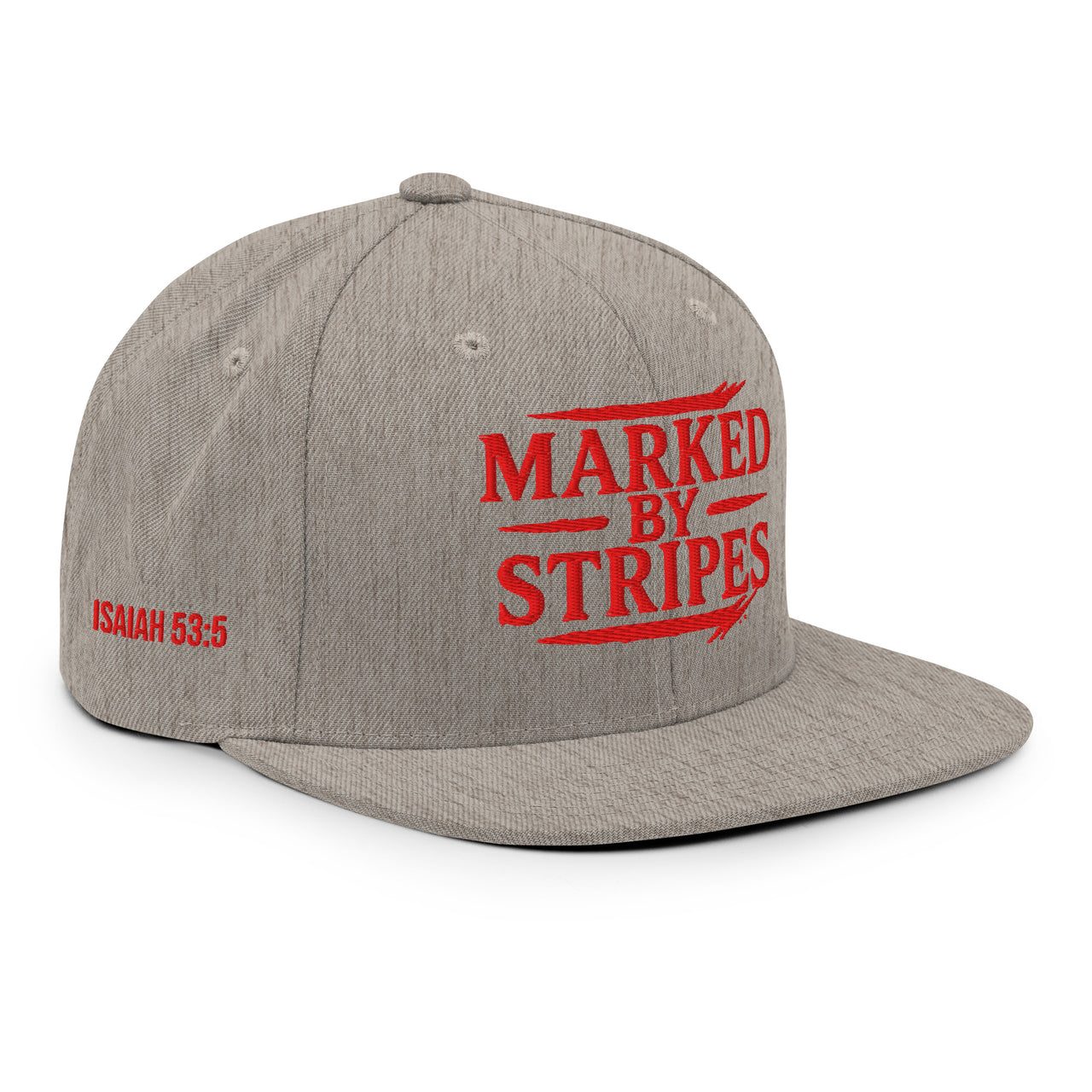 Heather grey gospel snapback – red Christian embroidery seen from right front view