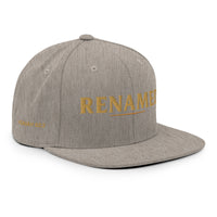 Renamed Classic Snapback Heather Grey flat mockup, front embroidery in Old Gold