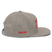 Heather grey Christian flat bill cap – red embroidered side with Isaiah 53:5