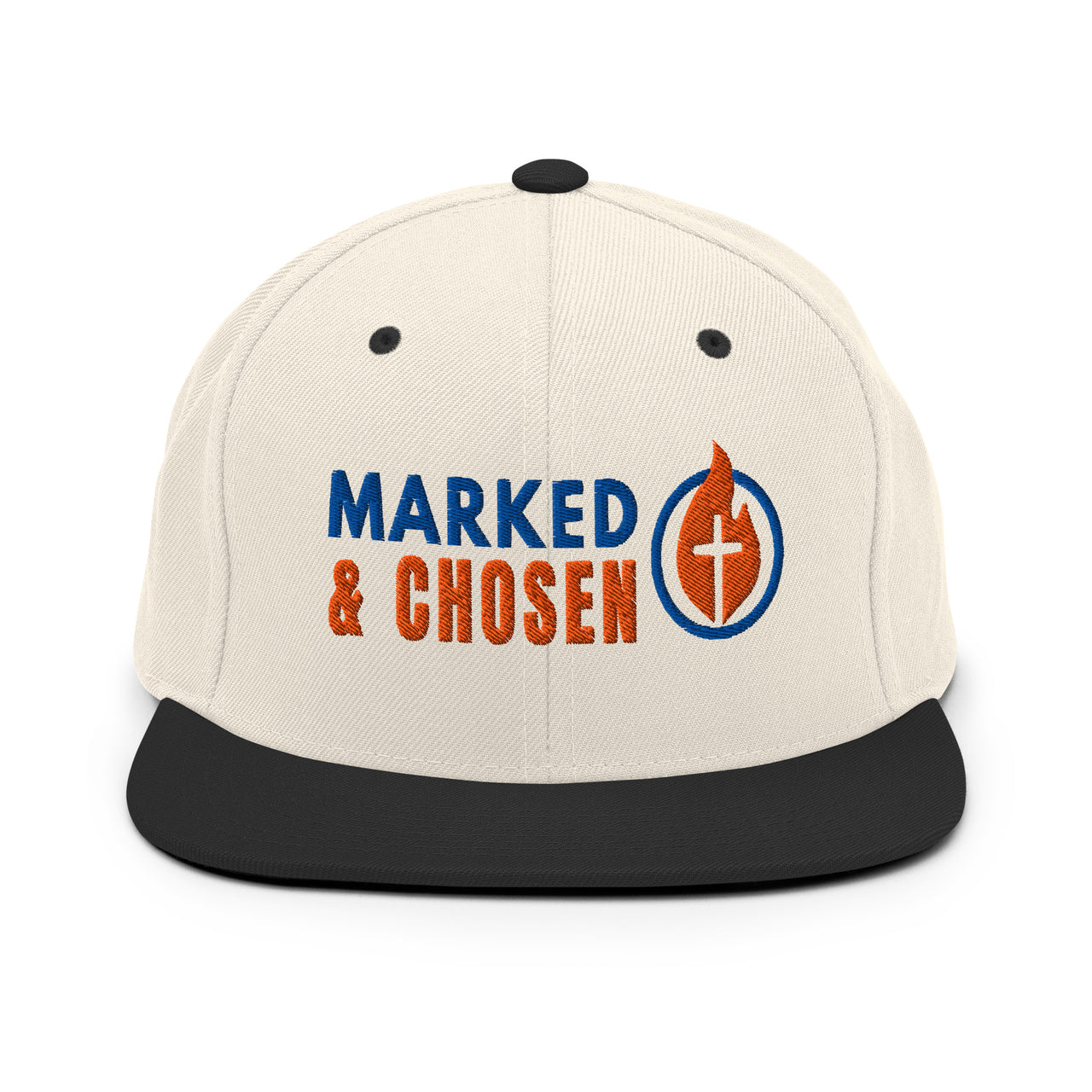 Natural and black Christian snapback – neutral tone hat with black flat bill and gospel embroidery