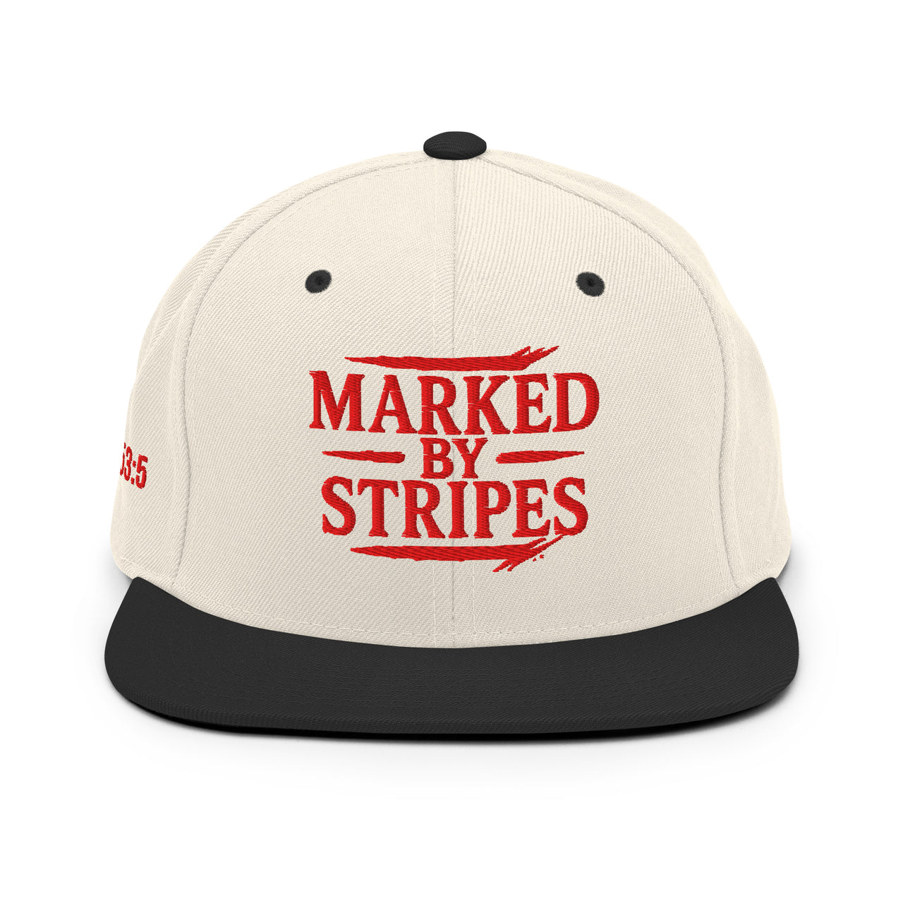 Natural and black Christian snapback – red embroidery on neutral crown with black flat bill