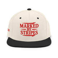 Natural and black Christian snapback – red embroidery on neutral crown with black flat bill