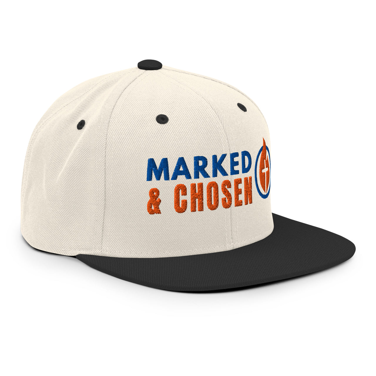 Natural and black snapback – right front Christian mockup with neutral crown and bold black brim