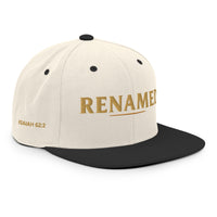 Renamed Classic Snapback Natural/Black flat mockup, right front embroidery in Old Gold