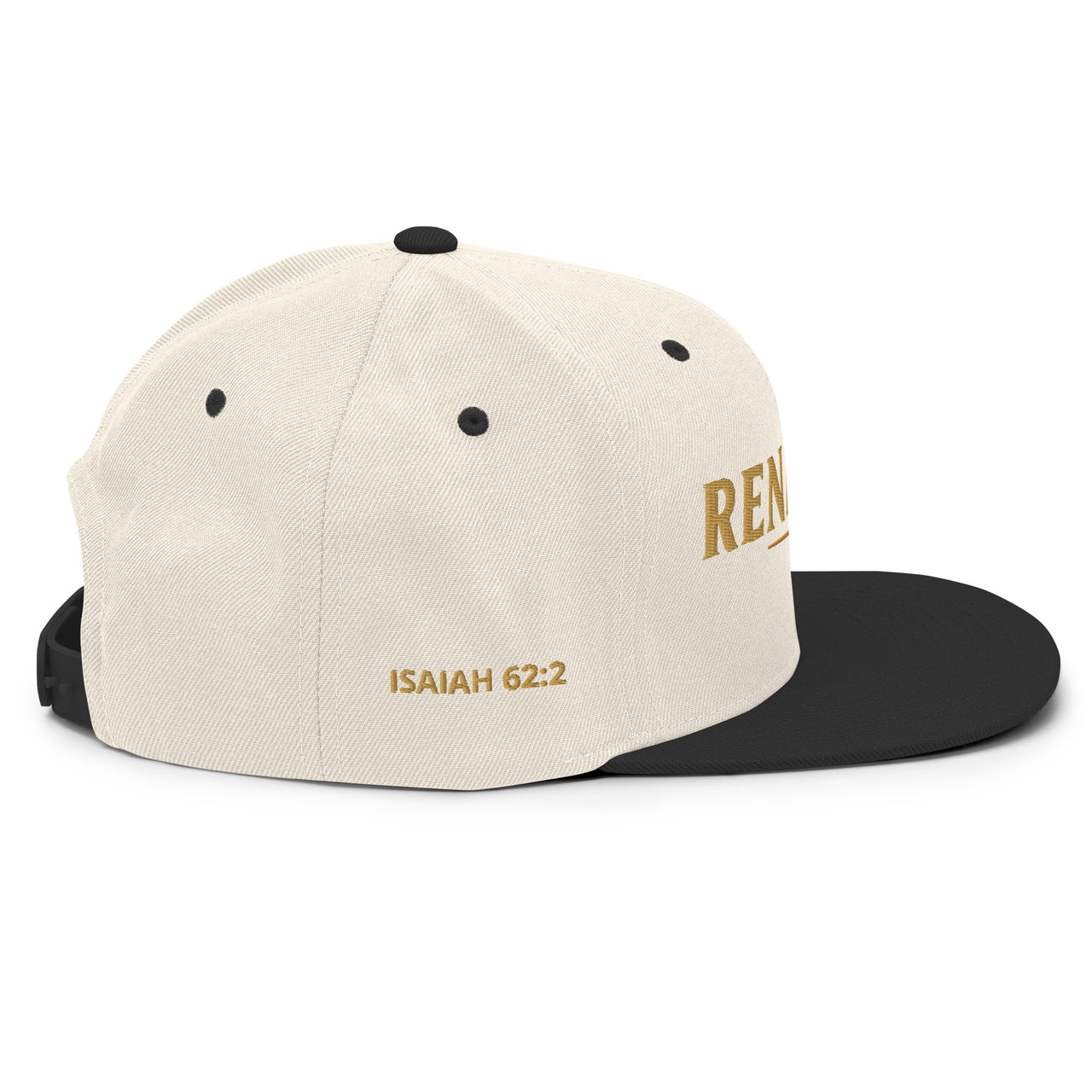 Renamed Classic Snapback Natural/Black flat mockup, right side embroidery “ISAIAH 62:2”