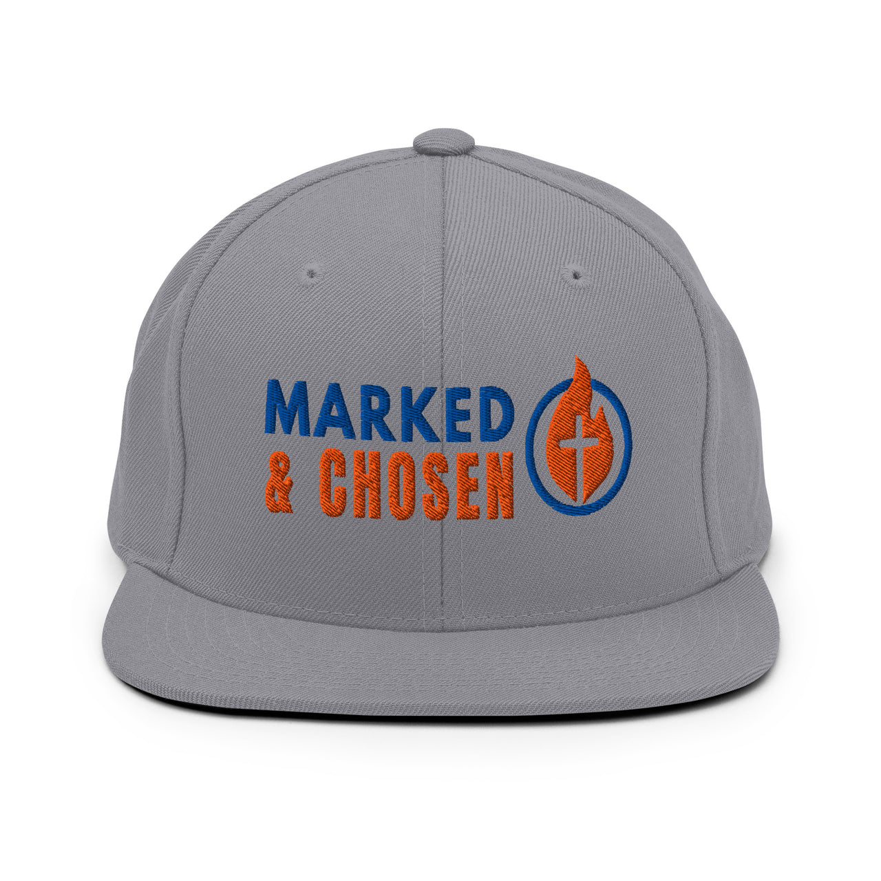 Silver Christian snapback by Marked & Chosen – structured flat bill hat with embroidered faith logo
