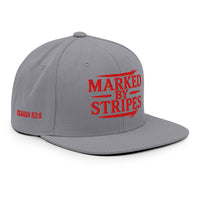 Silver gospel snapback – right front view of red Marked by Stripes embroidery