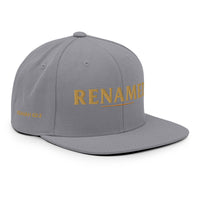 Renamed Classic Snapback Silver flat mockup, right front embroidery in Old Gold