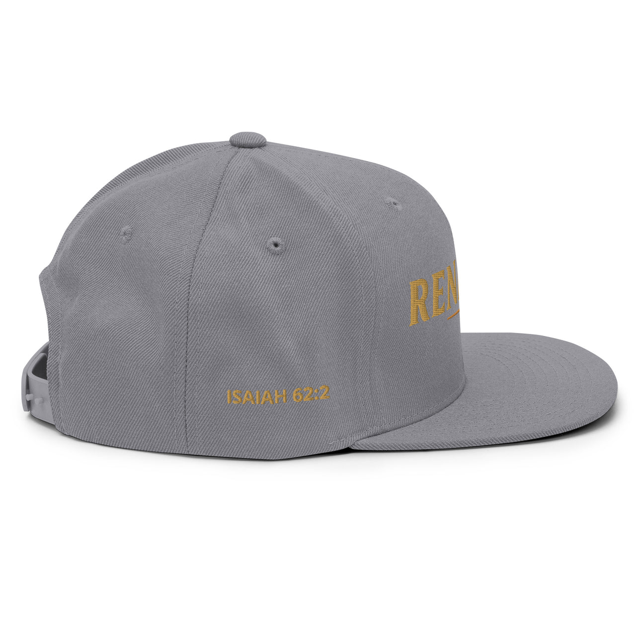 Renamed Classic Snapback Silver flat mockup, right side embroidery “ISAIAH 62:2”