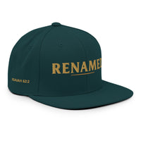 Renamed Classic Snapback Spruce flat mockup, right front embroidery in Old Gold