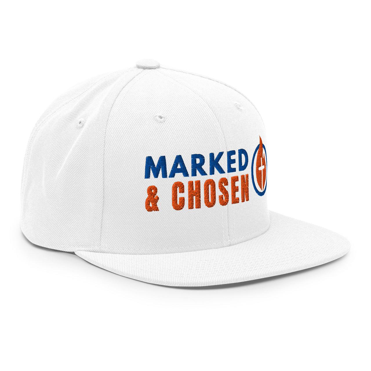 All white Christian snapback – right front view with minimalist embroidered logo and flat bill style