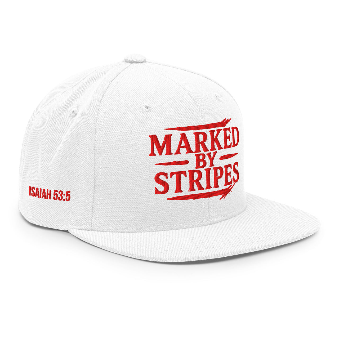 White gospel snapback – right front embroidery view with Isaiah 53:5 inspiration