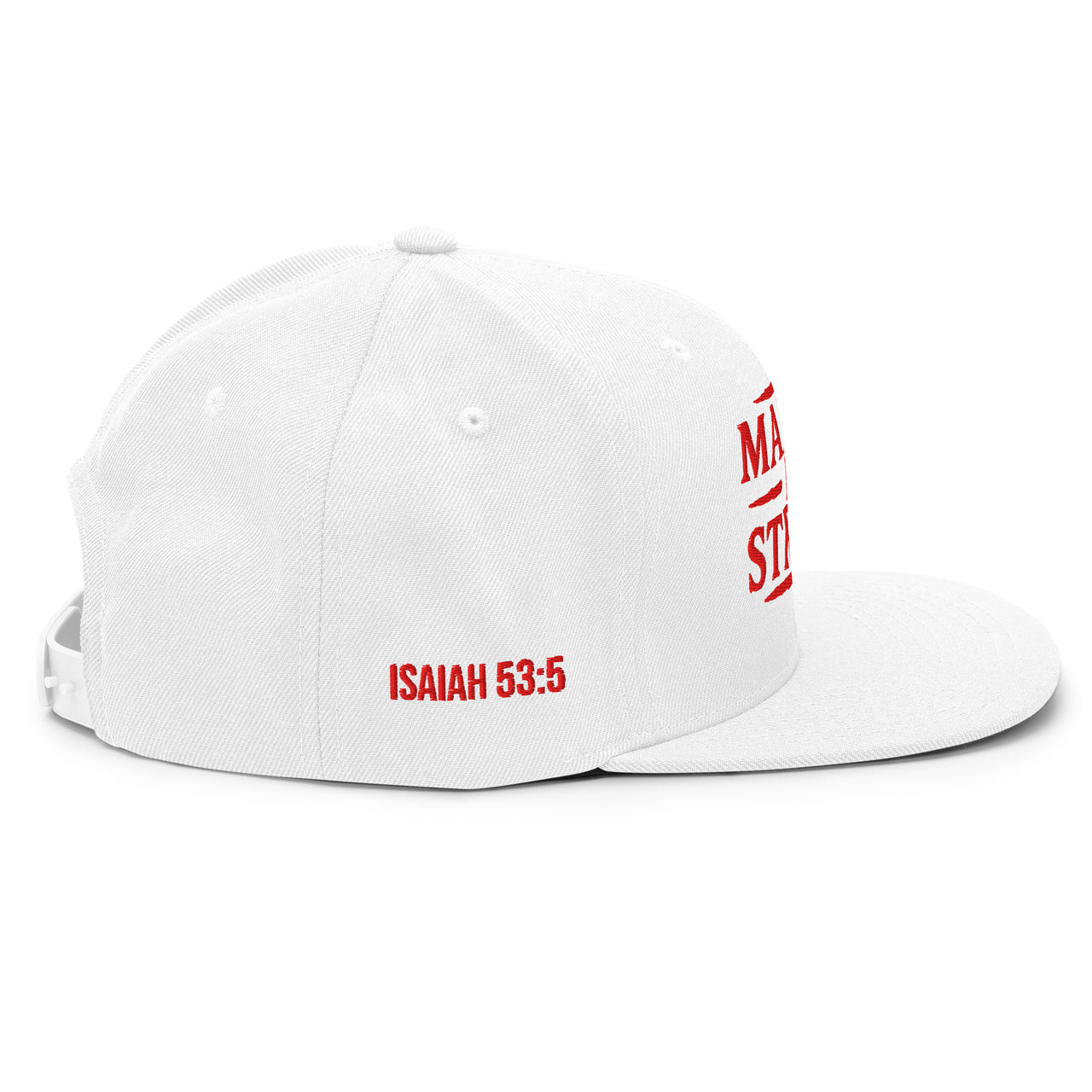 White Christian snapback – clean red embroidered side featuring Isaiah 53:5