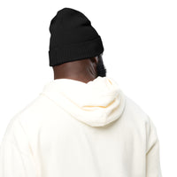 Male model close-up of back Renamed Beanie in Black.