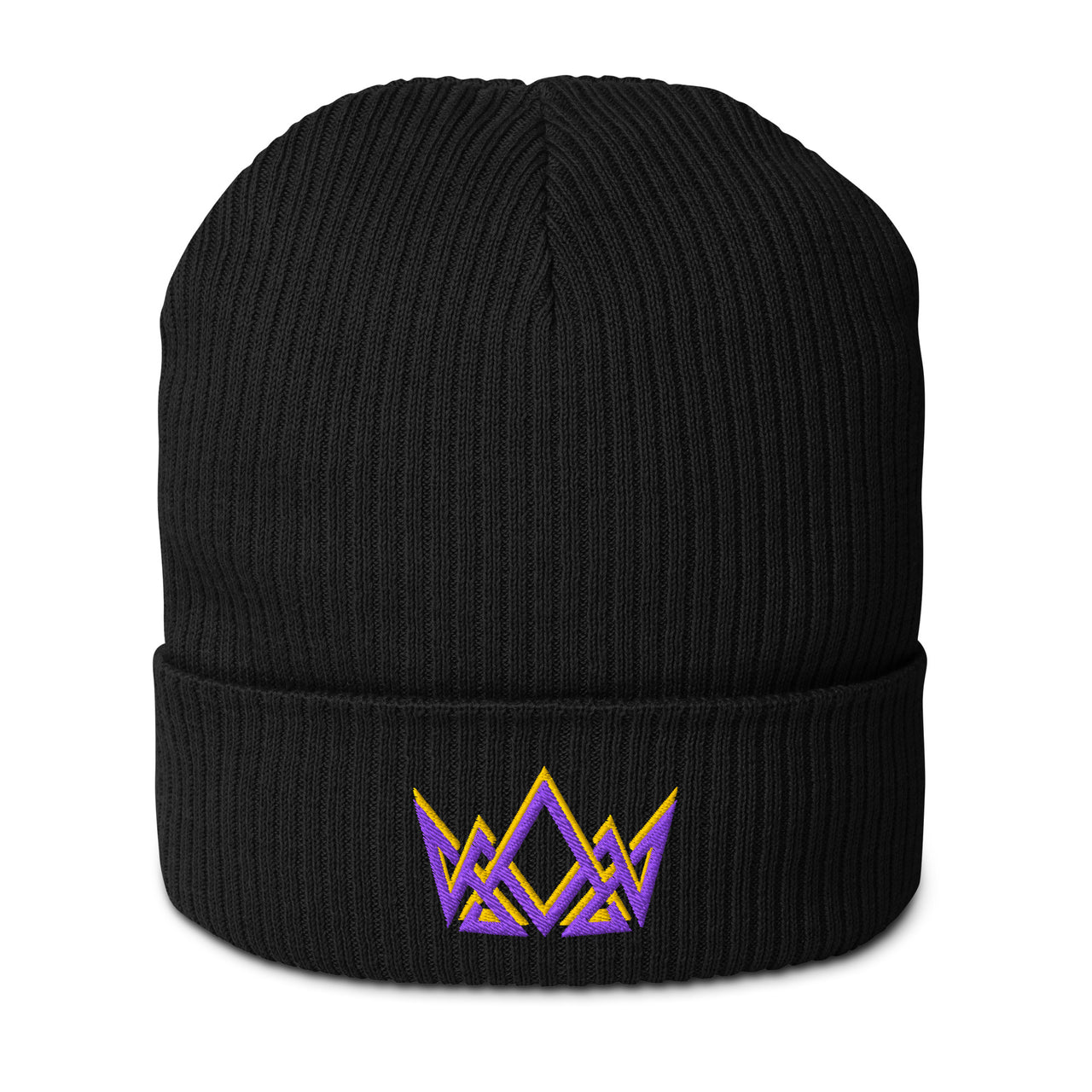 Black Royalty Christian beanie – embroidered crown in purple and gold on cuffed front