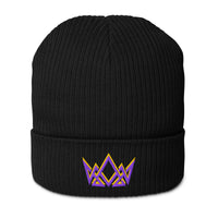 Black Royalty Christian beanie – embroidered crown in purple and gold on cuffed front