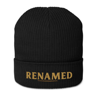 Renamed Organic Ribbed Beanie flat lay in Black, Old Gold embroidery
